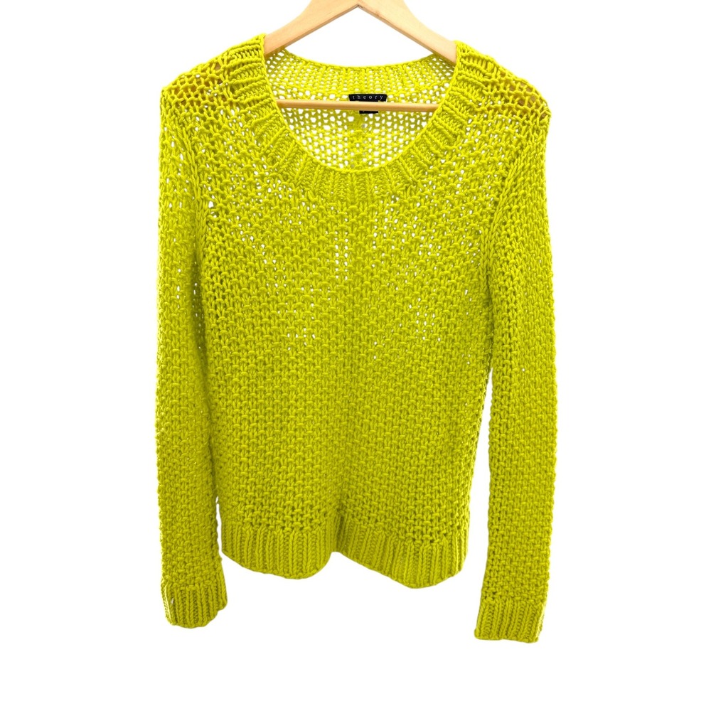Theory 100% Wool Open Knit Sweater L Chartreuse Lime Green Loose Chunky Pullover